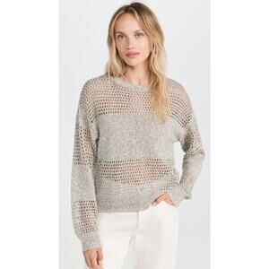 Atm Anthony Thomas Grey Linen Melillo Cotton Blend Open Knit Crew Neck Sweater